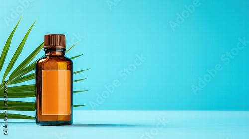 Brown glass bottle blank label cosmetic packaging essential oil tropical leaf blue background minimal style skincare wellness natural product