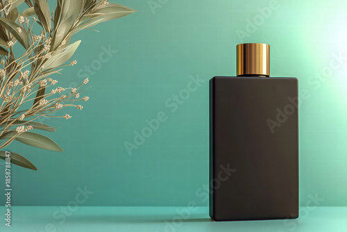 Perfume bottle black container gold cap cosmetic product blank label copy space green background luxury style minimal fragrance packaging design