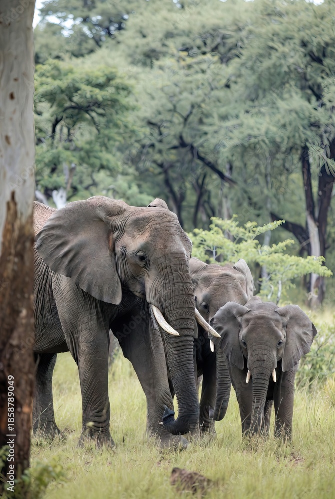 Obraz premium A family of African elephants, adult and two calves, walking in tall grass