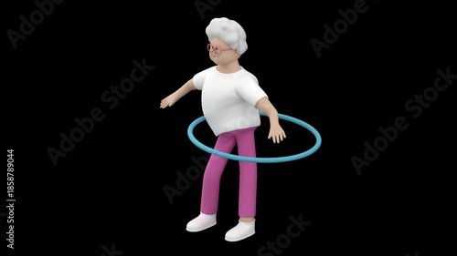 Animation of a senior woman character practicing with a hula hoop. Female with grey hair working out with a hula hoop, 3d render with an alpha channel.