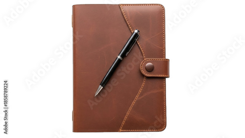 Brown leather notebook with pen isolated on transparent background isolated on transparent background