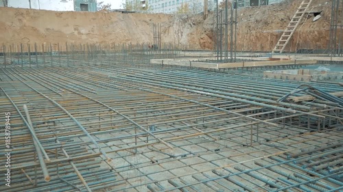 Reinforcement of concrete work. Rebar steel bars, reinforcement concrete bars with wire rod used in construction site.