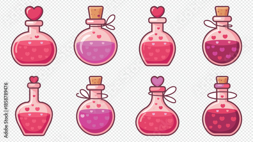 Love potion glass bottles with pink magic liquid and heart shapes for romantic game assets art
