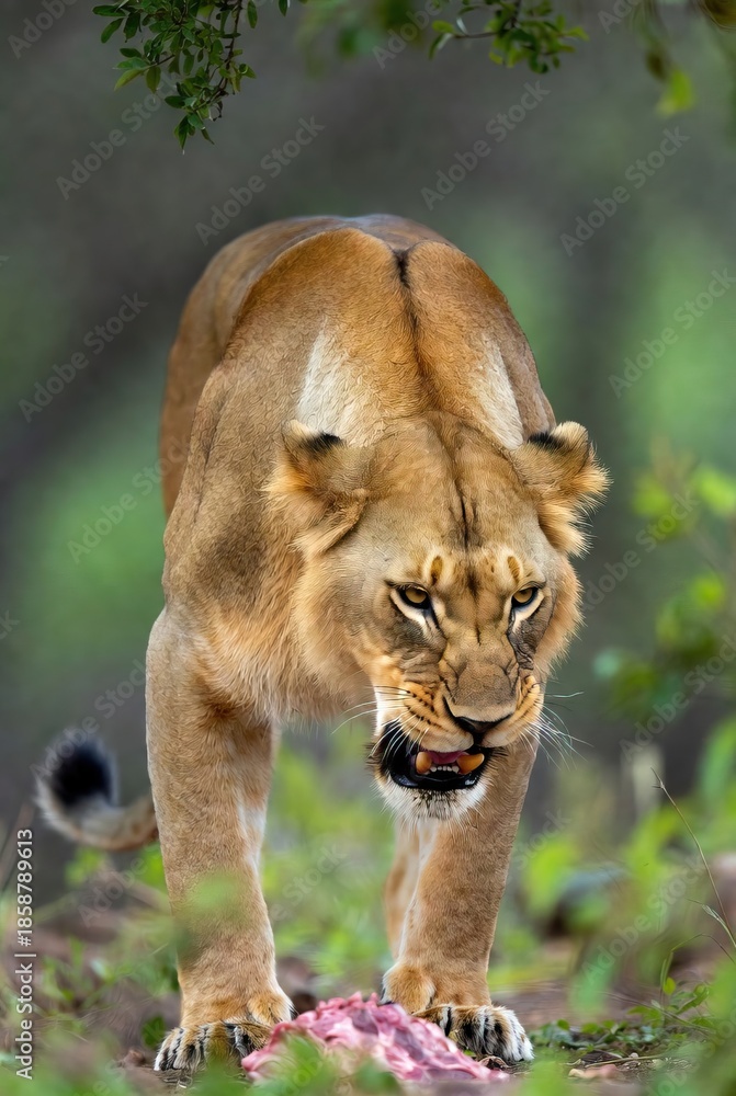 Obraz premium Powerful lioness snarling while walking with meat in her mouth in a natural
