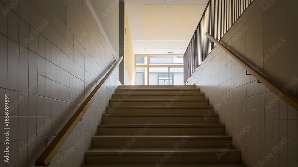 Fototapeta premium A stairway in a public building leads towards a brightly lit exit. The stairs are lined with simple wooden railings and tiled walls, creating a sense of institutional familiarity.