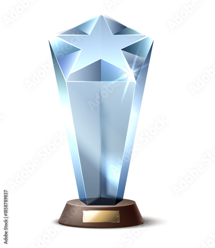Realistic glass trophies. Modern shapes crystal winners awards, 3d empty templates, sparkling figurines, pedestals with signs. Vector set