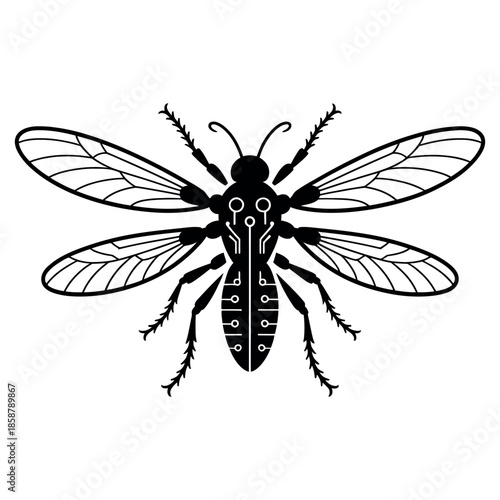 Cyber bug insect robot drone with black and white science technology ai digital wildlife pest control surveillance tool vector illustration isolated