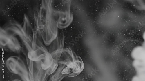 Abstract white smoke or ink swirling in dark water creating mesmerizing patterns and textures.