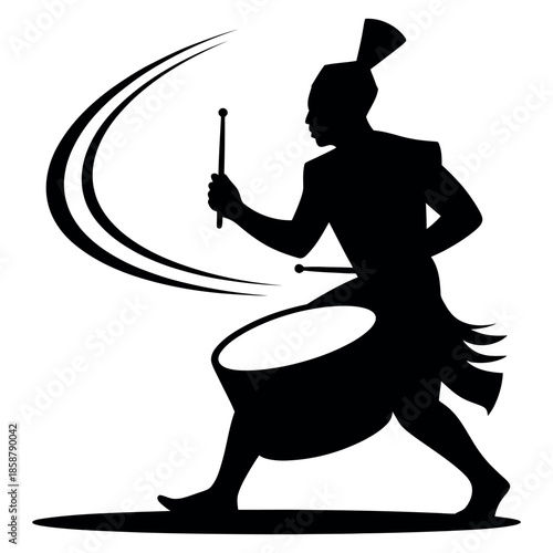 Dramatic monochrome image of African drummer silhouette playing djembe drum in traditional dress with stick against white background