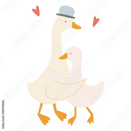 Geese couple embracing with hearts celebrating valentine's day