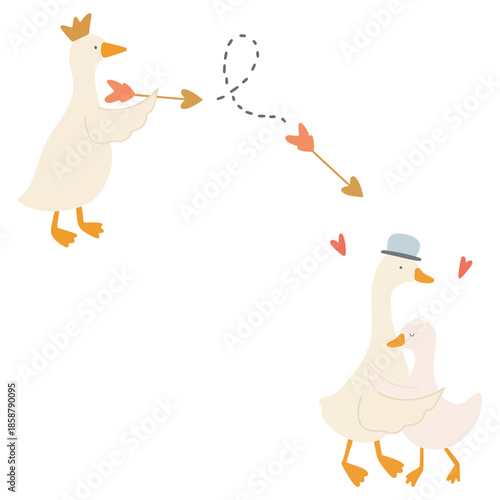 Crowned Cupid goose shooting arrow at embracing geese couple