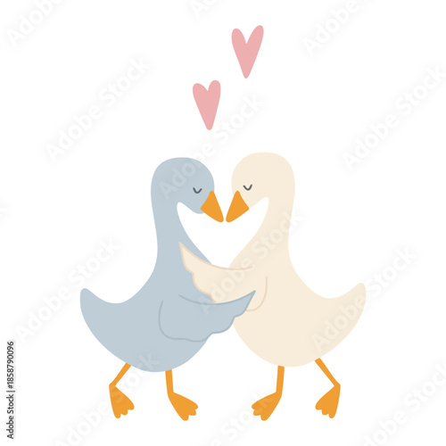 Cartoon geese couple hugging forming heart concept
