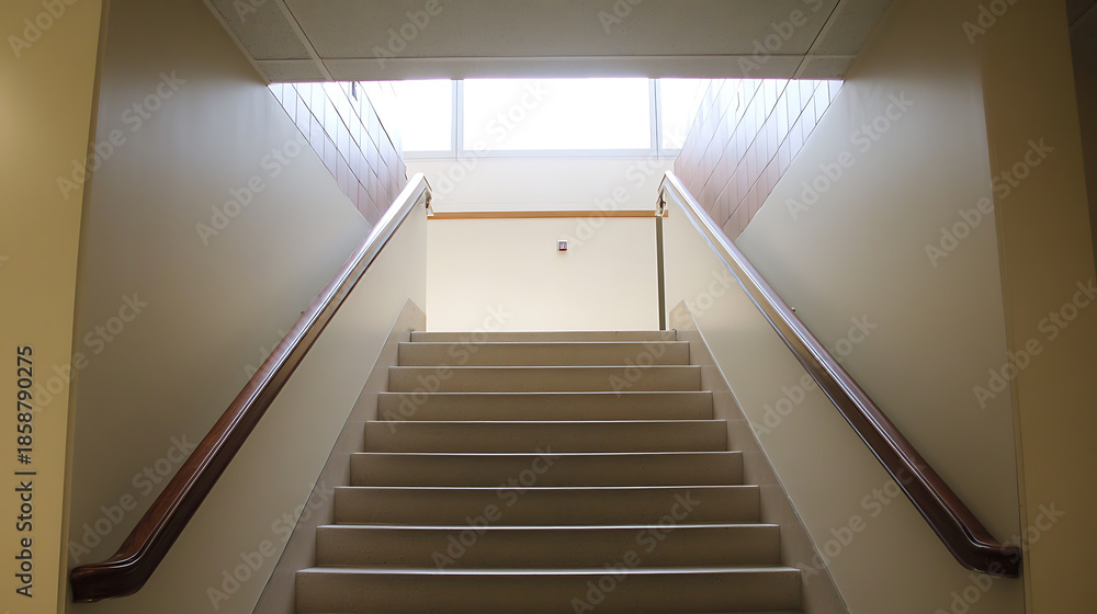 Fototapeta premium A symmetrical view from the bottom of the stairs to the top of a building. The handrails line the stairs, which are the main focus of the shot. Light streams through the window.