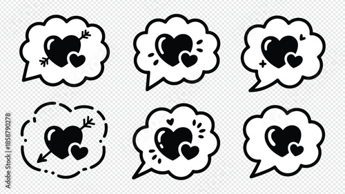 Romantic thought bubble stickers with heart symbols and cupid arrows for messaging designs
