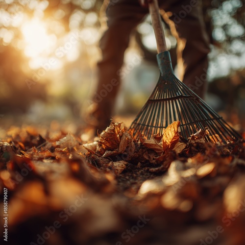 Person raking colorful autumn leaves in park with golden sunlight. Clean seasonal outdoor lifestyle scene.