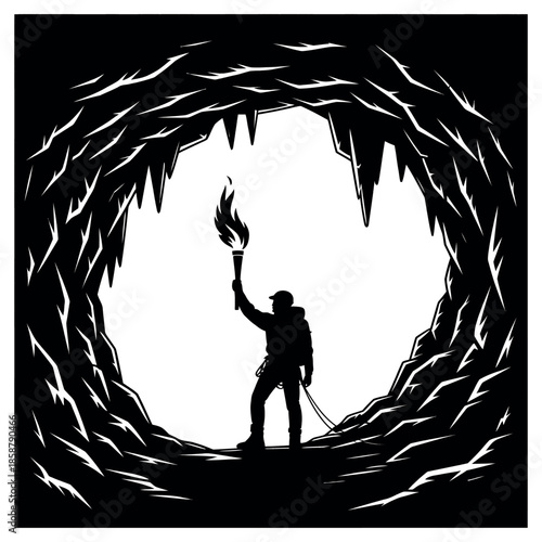 Man Exploring Cave with Torch Silhouette with Stalactites Stalagmites Holding Fire Exploring Underground Passageway Adventurous Journey Black and White