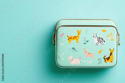 Pastel bag animal print cute illustration kids accessory turquoise background zipper small purse playful design cartoon style flat lay pastel bag