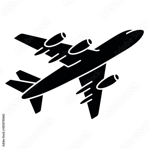 Overhead view of black and white graphic airplane icon with wings and engines for air travel transportation aviation industry against white background