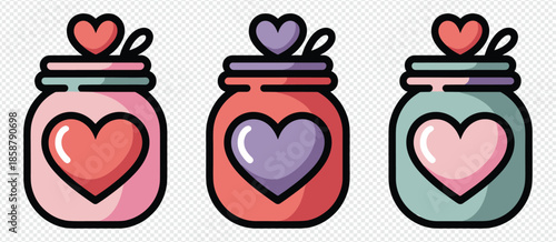 Three jars with hearts icon, collection of jars with love symbols, flat cartoon vector art