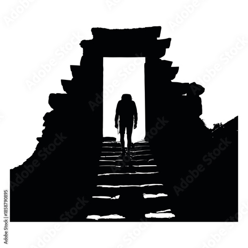 Silhouette Man Walking Through Ancient Ruins Entrance with Stone Steps Exploring Historical Site Travel Adventure Outdoor Scene Black and White