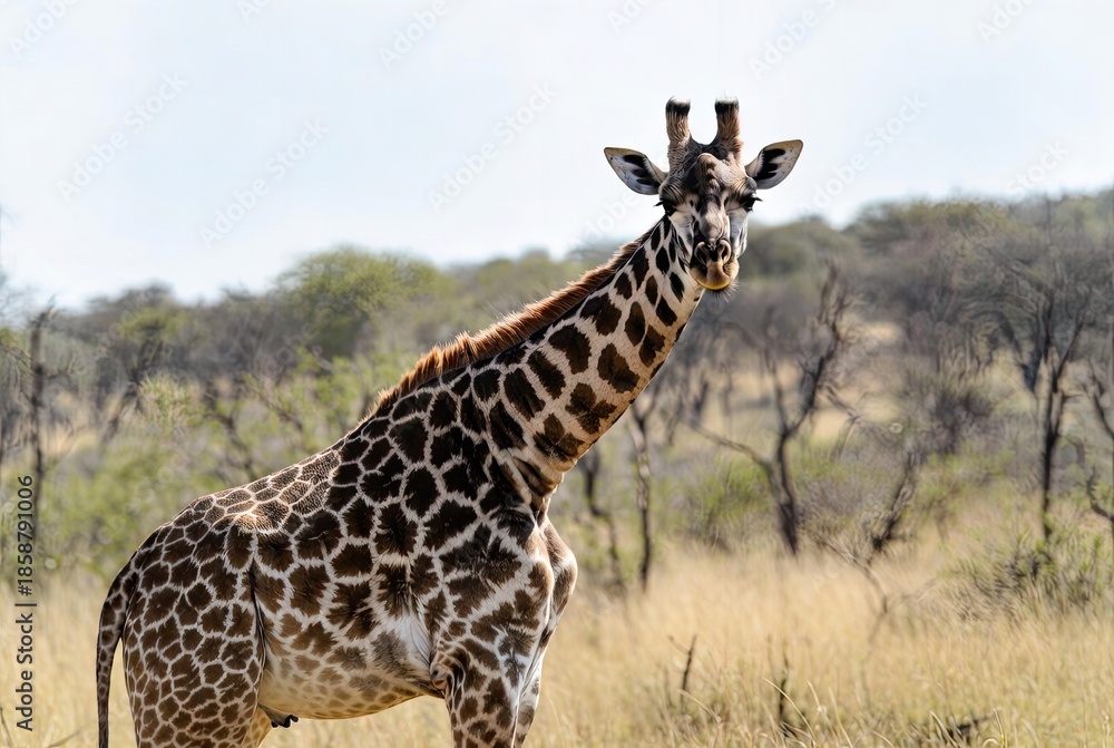 Obraz premium Vigilant giraffe standing tall in the dry African savanna looking directly