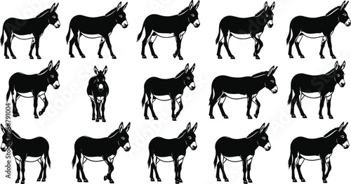 Black donkey silhouette set, walking mule poses, farm animal vector illustration, isolated livestock design, rural agriculture concept