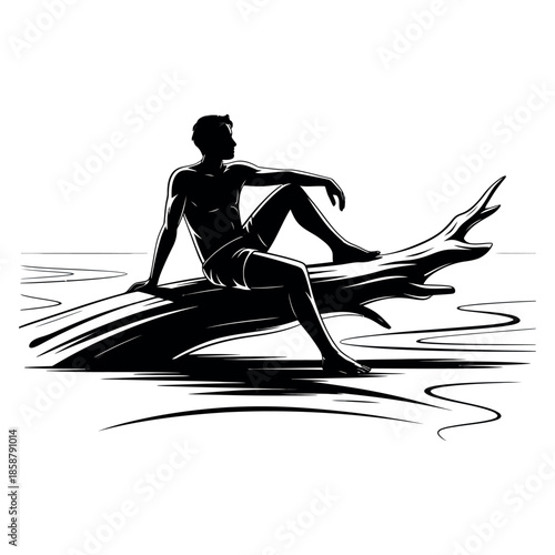 Silhouette of Man Sitting on Log on Water Side View Relaxing on Summer Beach Vacation Enjoying Serenity on White Background Outdoor Recreation