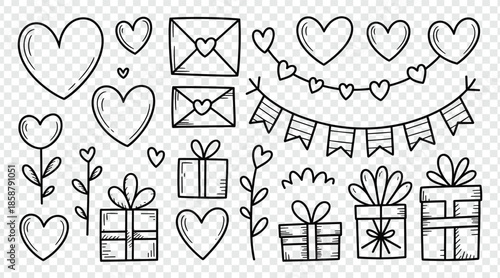 hand drawn valentine doodle elements hearts gifts envelopes