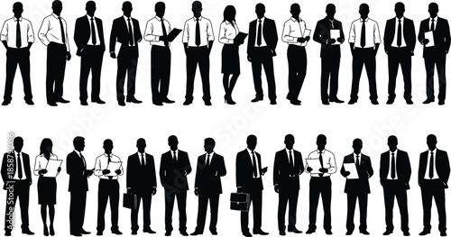 Business people silhouette collection, professional office workers, corporate team poses, men and women executives, black vector illustration