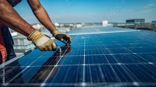 Hands securing cables on a solar panel frame under daylight. Outdoor rooftop setting. Concept of renewable energy and green jobs.