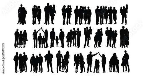 Diverse Group of People Silhouettes Standing Together in Various Poses.
