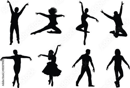 Dancing people silhouette set, modern dance poses, jumping dancers, freestyle movement, hip hop ballet jazz, performance vector illustration
