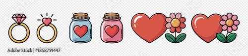Valentine's day cute cartoon icon set of love symbols heart engagement ring jars flowers