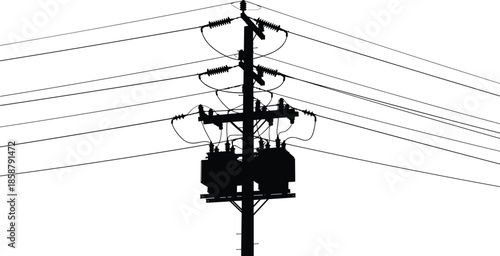 Electric power pole silhouette, high voltage transmission lines, electricity distribution infrastructure, energy supply concept, industrial utility background, minimal design