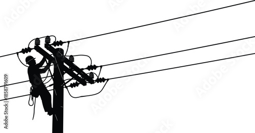 Electrician working on power line silhouette, utility worker repairing electricity pole, high voltage transmission maintenance concept, industrial safety job