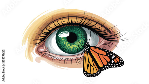 Vibrant green eye with monarch butterfly perched on eyelid, symbolizing freedom and transformation