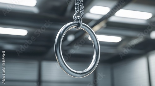 Close-up of a chrome-finished gymnastic ring.