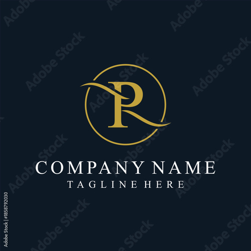 Initial letter p serif font text logo design, golden icon vector concept, circle round graphic vector template