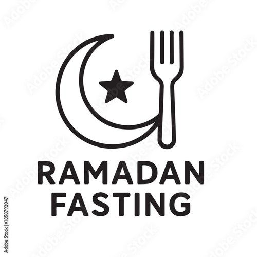 Bold black and white Ramadan fasting icon with crescent moon, star, and fork symbolizing abstinence.