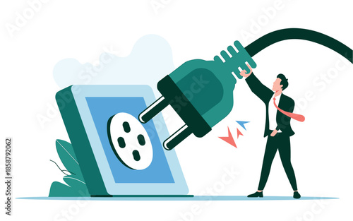 Businessman struggling to plug into electrical outlet with oversized plug