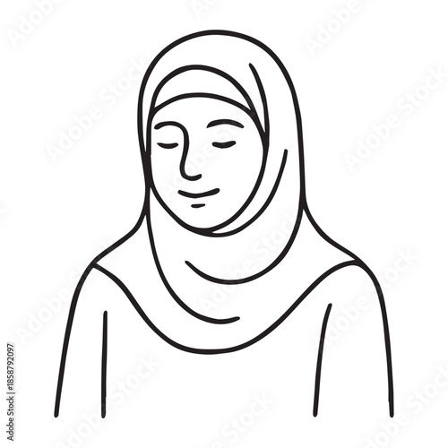 Simple black and white line art of a peaceful hijabi woman with closed eyes and modest attire.