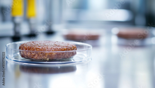 Lab cultivated artificial meat in petri dish. Pink cell based beef meat alternative. Sustainable cruelty free food growing in laboratory