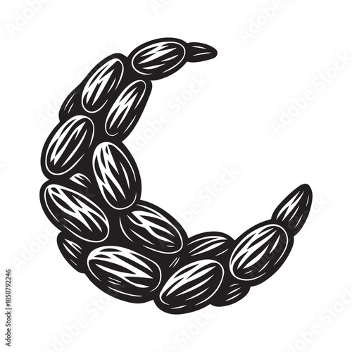 Stylized crescent moon formed entirely from sunflower seeds — blending natural texture with celestial symbolism.