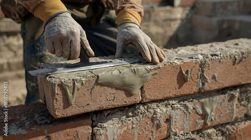 Hands spreading mortar onto bricks with a trowel. Outdoor construction site, natural light. Concept of masonry and building work.