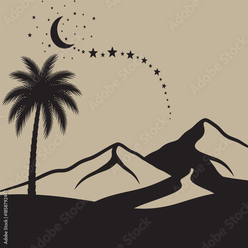 Silhouette of a palm tree and mountains under a starry night sky