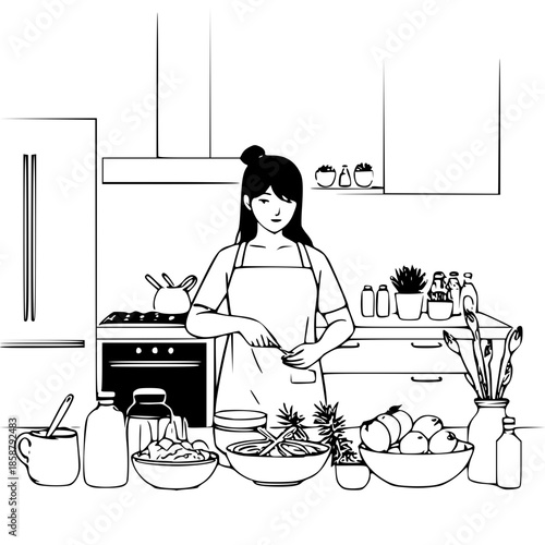 Clean vector scene of a person preparing healthy meals in a minimalist kitchen, modern home cooking concept, nutritious lifestyle, wellness-focused routine, simple culinary activity, and balanced dail