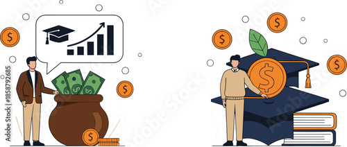 Flat vector illustration of students saving for college tuition featuring a money jar, graduation cap, books, dollar coins, and growth charts for scholarship funding.