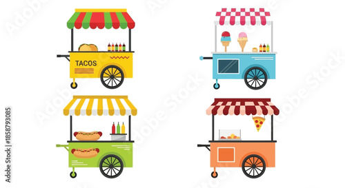 Colorful food carts offering tacos ice cream hot dogs and pizza