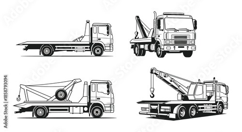 Detailed illustrations of a flatbed tow truck in various perspectives