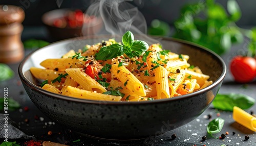 Steaming bowl of penne pasta with fresh herbs and spices on a dark textured background with tomatoes and basil leaves